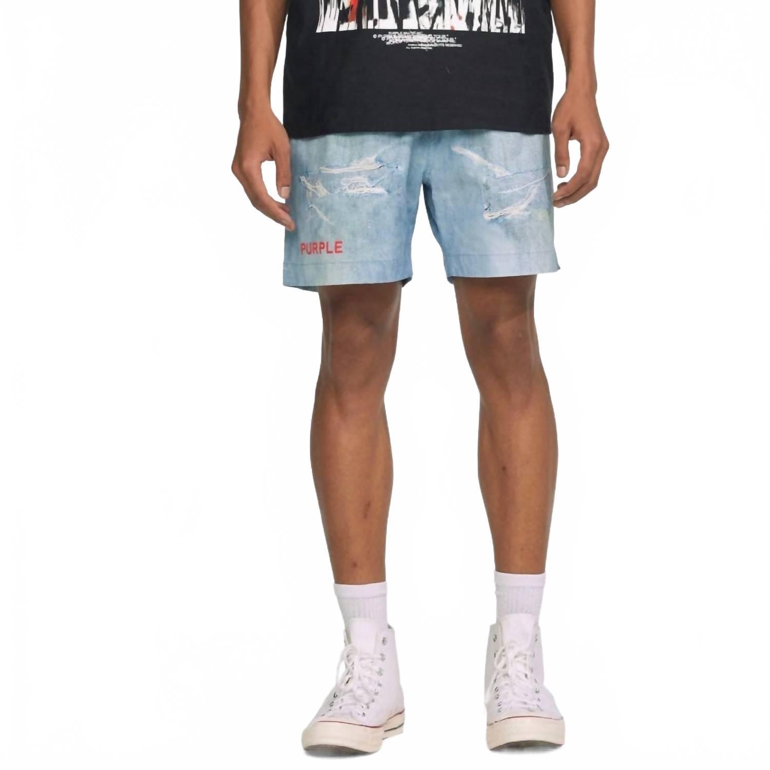 New Purple Brand Distressed Denim All Round Short In Light Indigo
